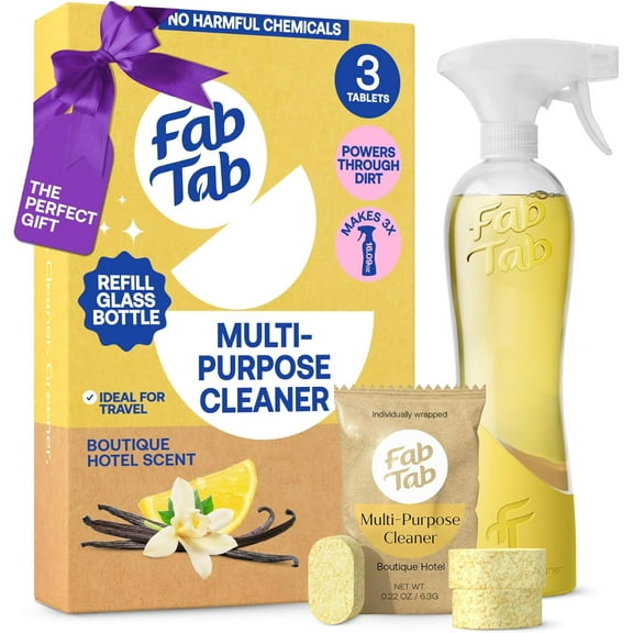 FabTab Multi-Purpose Cleaner Tablets with Refillable Glass Bottle Spray, Chemical-Free, 3 Count