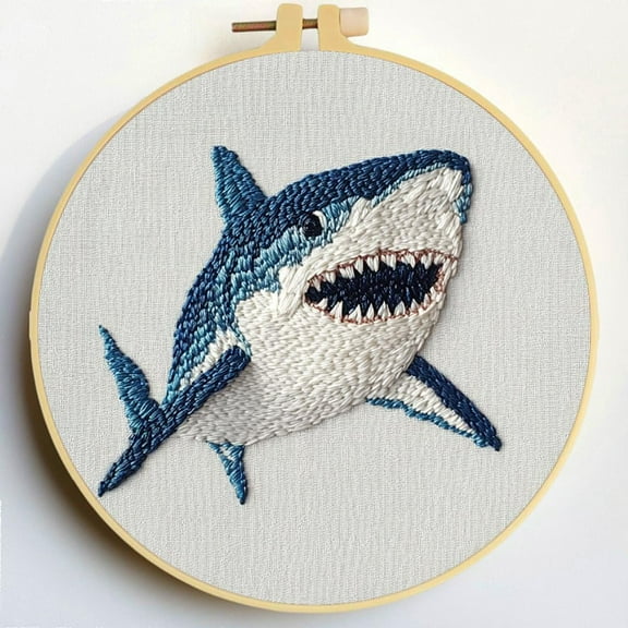 Punch Needle Kits Sea Shark Embroidery Starter Set with Hoop Easy for Beginners DIY Stress Relief Handmade Craft Hobby and Home Decor 20x20cm-2