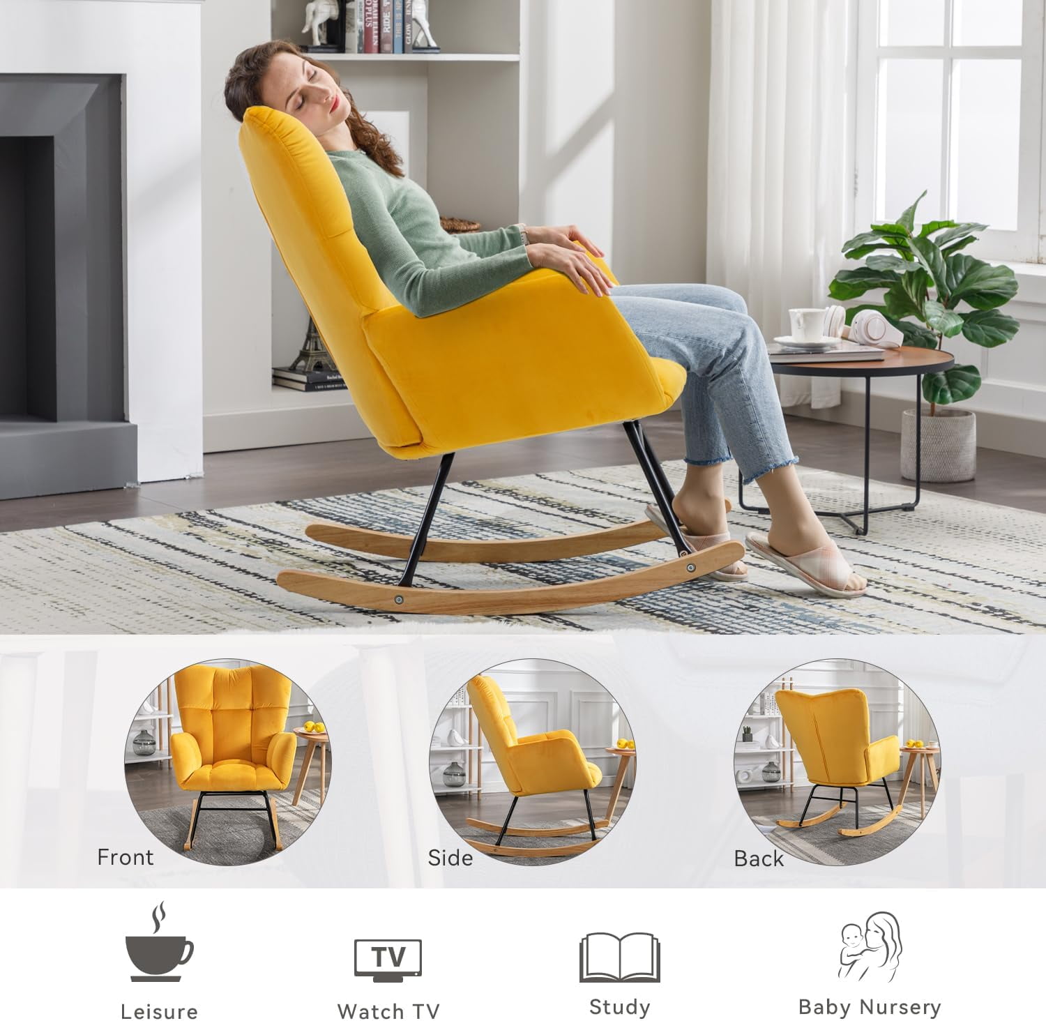 Rocking Chair Nursery Teddy Upholstered Glider Rocker High Backrest Nursery Rocker Comfortable Stylish Accent Armchair for Living Rooms Bedrooms Offices
