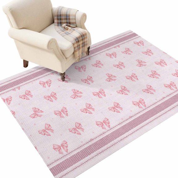Pink Ribbon Bows Washable Area Rug 4 x 6 ft Country Vintage Farmhouse Pastoral Rustic Stripe Soft Non‑Slip Rugs Stain Repellent Indoor Mats for Living‑Room, Guest Bedroom, Casual Dining Room