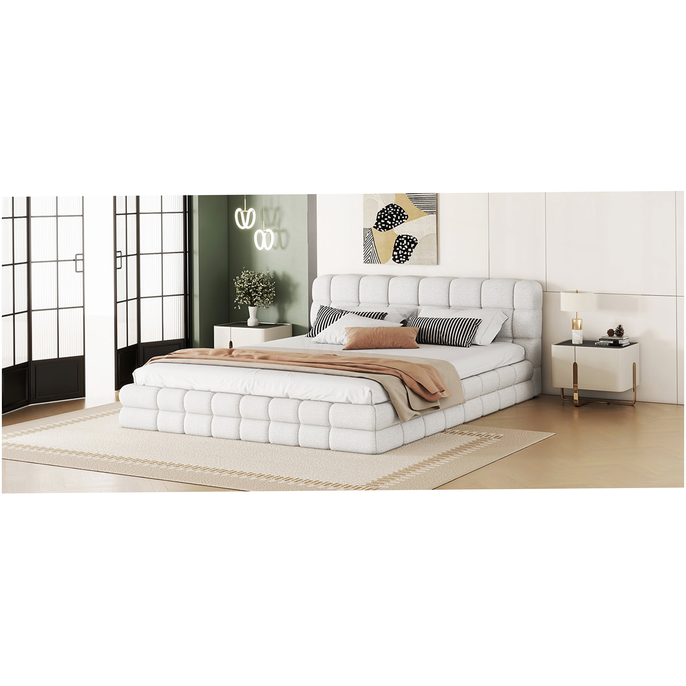Queen Upholstered Bed Frame with Headboard, Modern Platform Bed with Wood Slat Support, No Box Spring Needed, White
