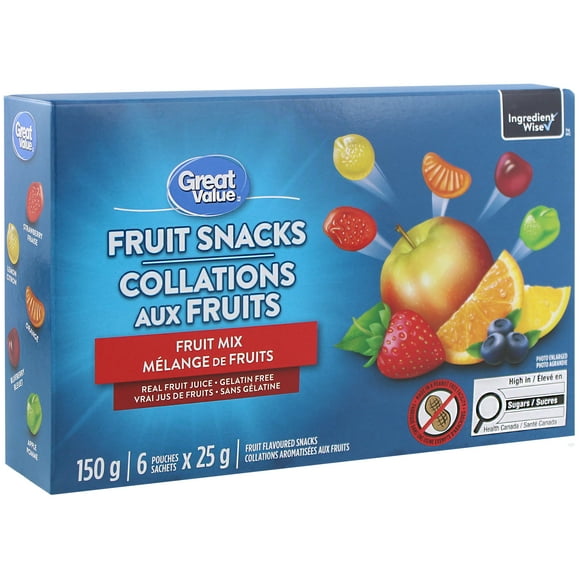 Collations aromatisées aux fruits Mélange de fruits Great Value 150 g (6 x 25&nbsp;g)