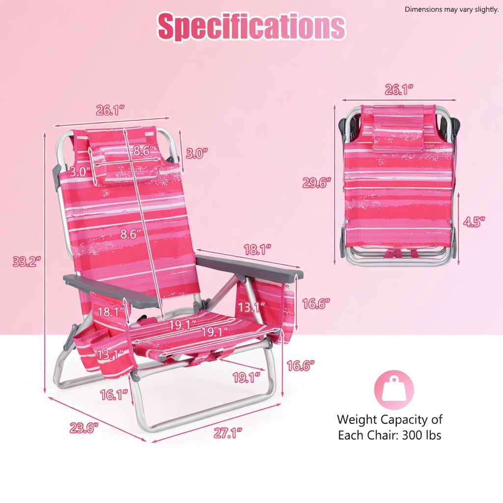 Hommoo 2-Pack Foldable Beach Chair with Adjustable Backrest, Head Pillow & Carry Bag, Hot Pink