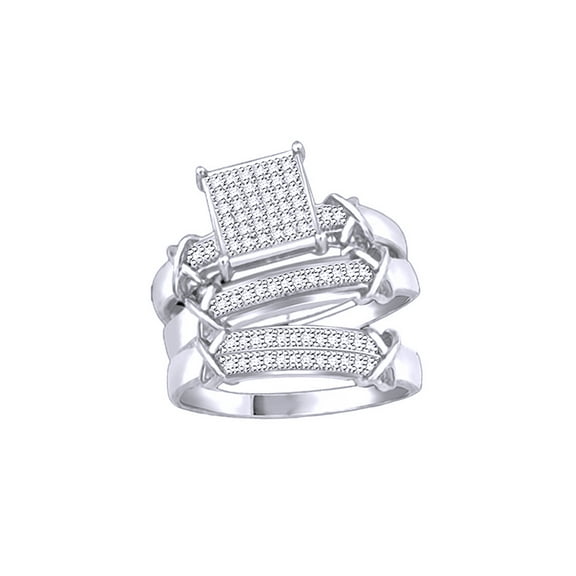 AFFY White Natural Diamond Wedding & Engagement Trio Band Ring Set In 10k White Gold (0.25 Cttw)