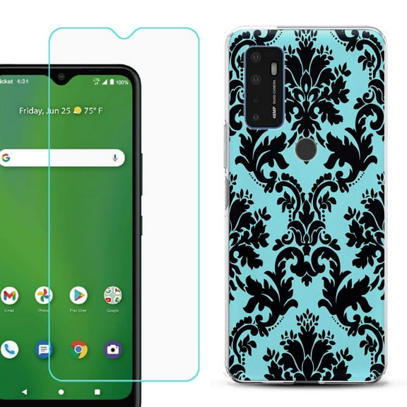 Shockproof Bumper Phone Case for AT&T Radiant Max 5G / Fusion 5G, with Tempered Glass Screen Protector, by OneToughShield ® - Victorian Blue/Black