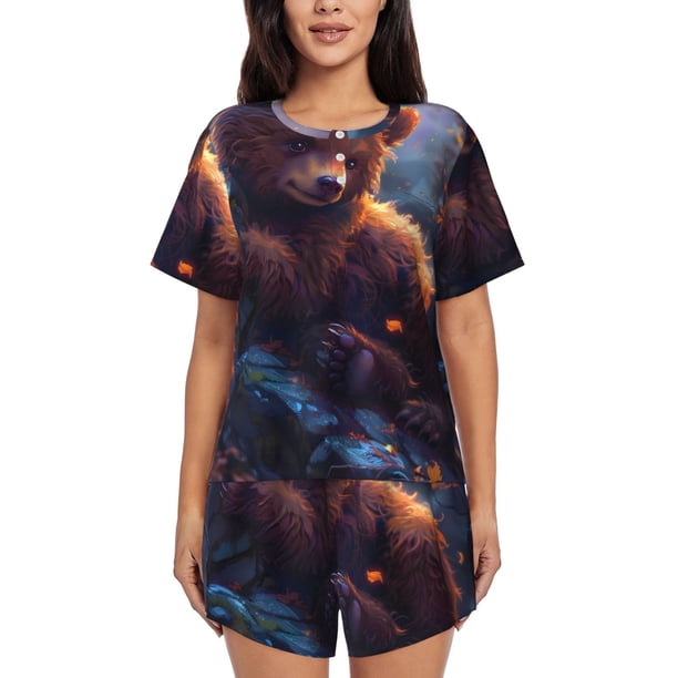 Fotbe Lazy Stone Bear Conjunto de Pijama Estampado para Mujer, 2 Piezas, Ropa de Dormir con Camiseta de Manga Corta y Shorts Suaves-X-Large