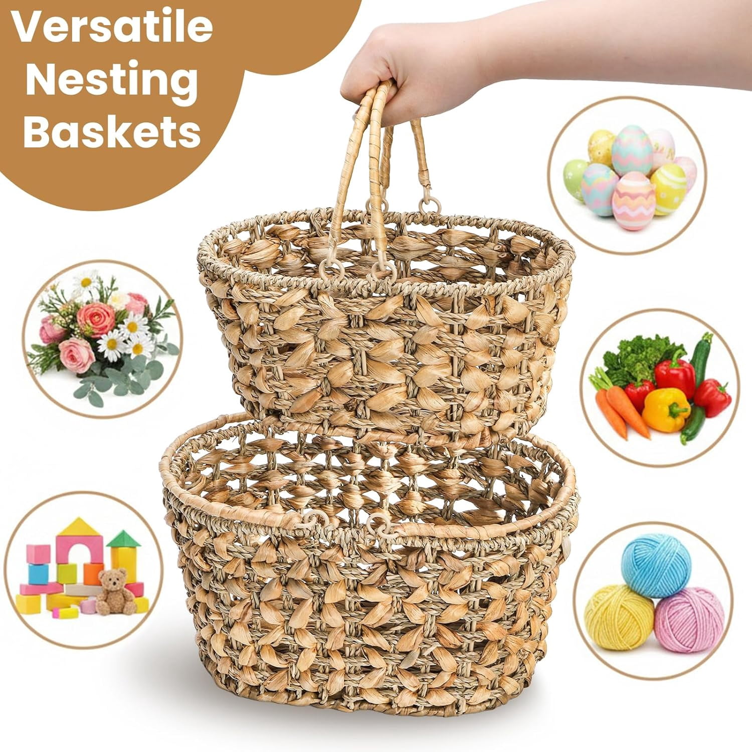 2 Pack Wicker Picnic Basket with Handle, Natural Hand Woven Rattan Easter Baskets, 13" and 11" Nesting Gift Baskets for Outdoor, Camping, Garden, Wedding, Home Organization