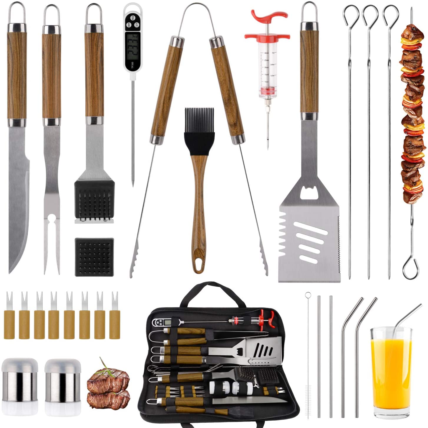 SixSun 30PCS BBQ Grill Tools Set Wooden Handle Stainless Steel Grilling Accessories with Spatula, Tongs, Skewers for Barbecue, Camping, Kitchen, Complete Premium Grill Utensils Set - Brown - image 1 of 3