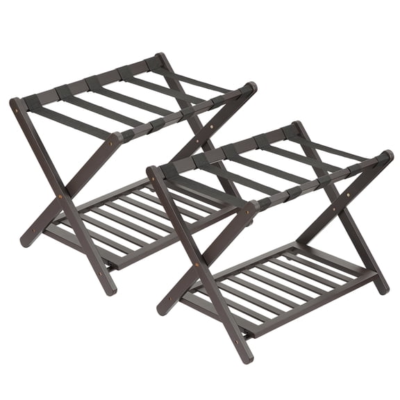 2-Pack Folding Bamboo Luggage Rack, Heavy-Duty Suitcase Stand with 2-Tier Shelf for Guest Room & Hotel
