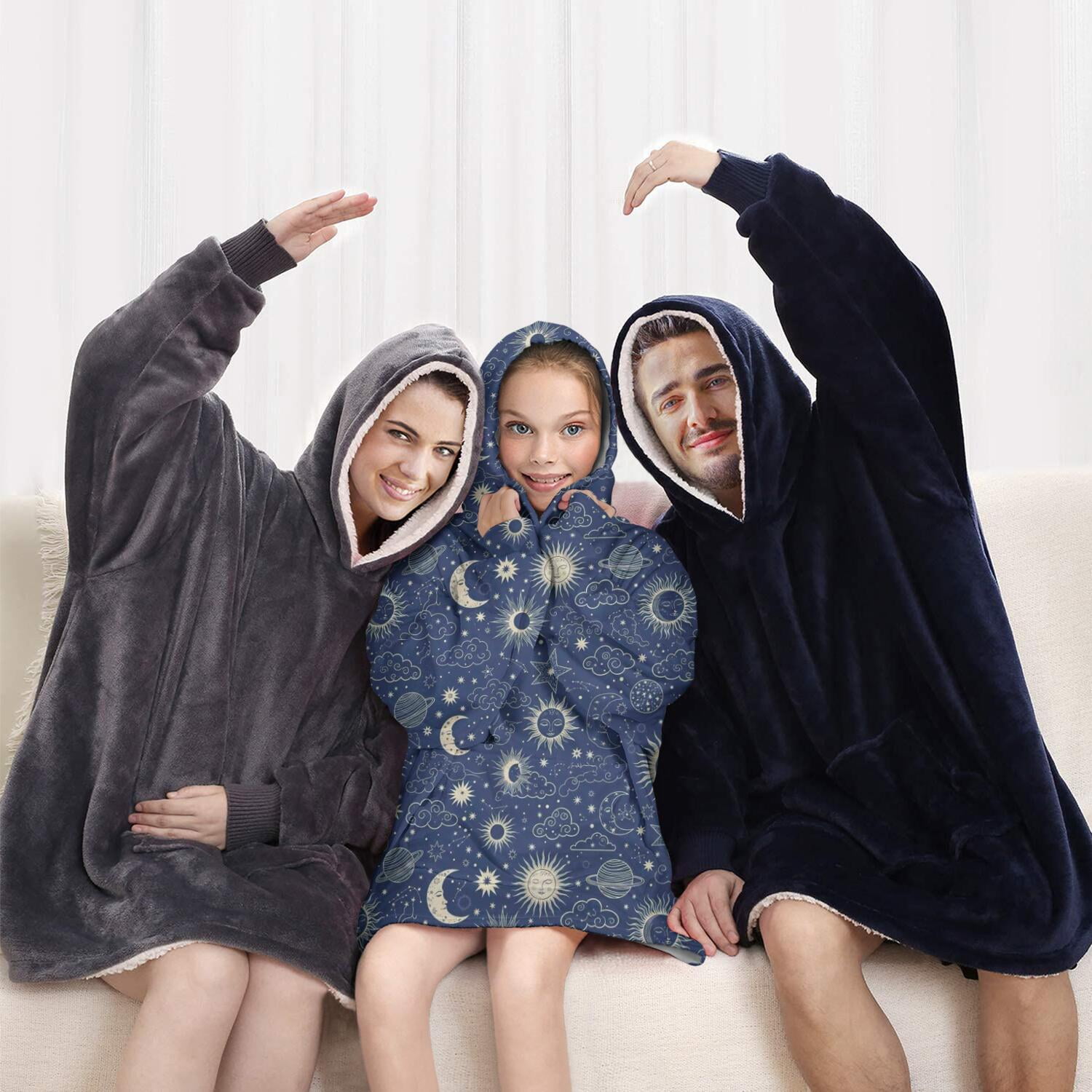 Dark Blue Celestial Pattern Blanket Hoodies for Kids 6-13YR Oversize Wearable Blanket Hoodies for Boys Girls Teens