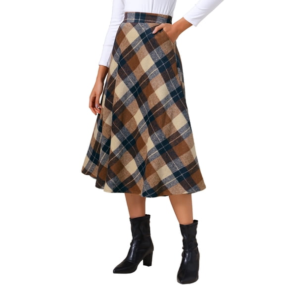 DARING DIVA Women's Vintage Plaid A-Line Work Long Maxi Skirt X-Small Khaki