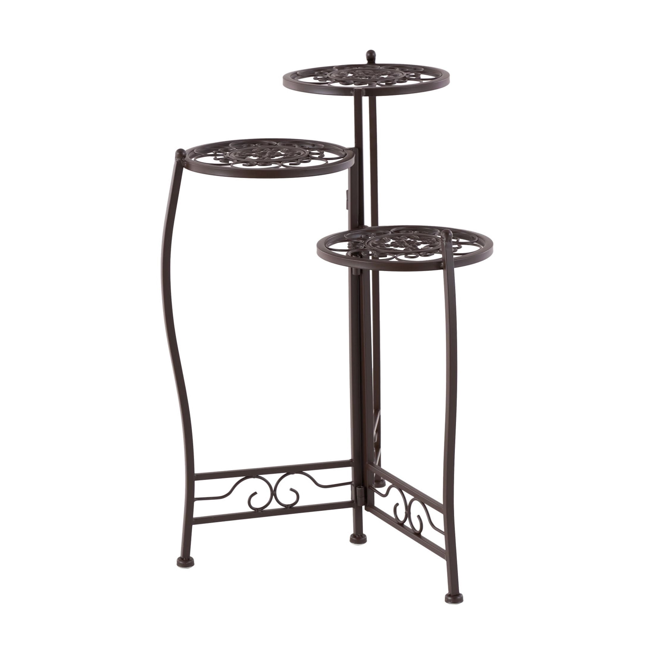 DecMode 24" x 18" x 18" 3 Tier Brown Metal Scroll Plantstand with Scroll Details