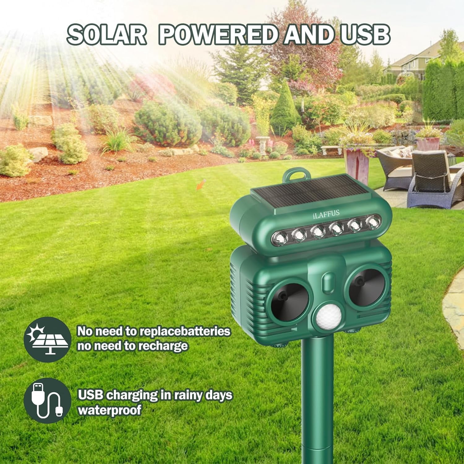 2 Pack Solar Ultrasonic Animal Repelent Outdoor, Deer Squirrel Cat Raccoon Rabbit Dog Skunk Fox Deterrent with Flash Light for Garden Yard Lawn Farm Orchard, IP 65 Waterproof, Motion Detection