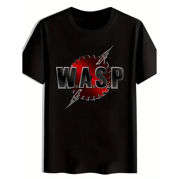 Men'S Black W.A.S.P. Graphic T-Shirt - Casual Crew Neck, Short Sleeve, Summer Tee with Red & White Design, Casual Everyday Top