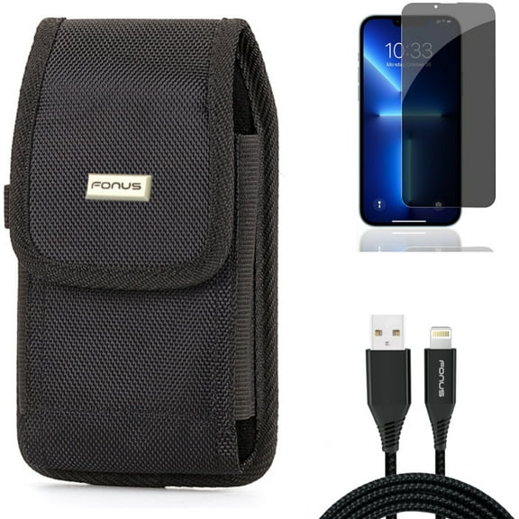 10ft USB Cable & Privacy Screen Protector & Case Belt Clip for iPhone 13/Pro - Combo with Charger Cord Power Wire & Tempered Glass Curved Anti-Spy & Rugged Holster Canvas
