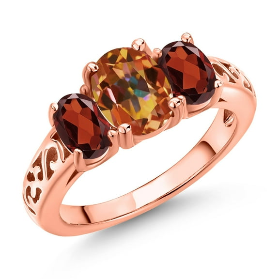 Gem Stone King 18K Rose Gold Plated Silver Ecstasy Mystic Topaz and Red Garnet Filigree Style 3 Stone Ring for Women (2.64 Cttw, Oval 8X6MM and 6X4MM) (Size 6)