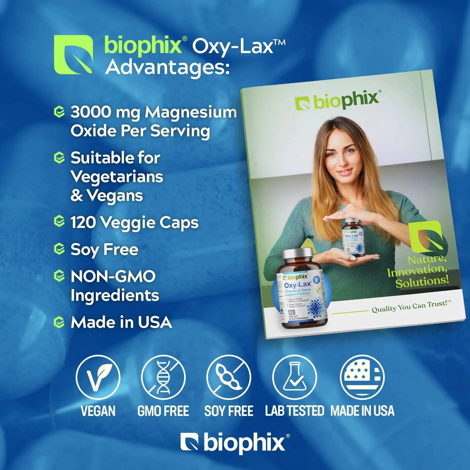 biophix Oxy-Lax 750 mg 120 Vcaps - Free Vitamin D-3 5000 IU 30 Softgels - Natural Magnesium Oxide Oxygen Based Colon Cleanse Gentle Laxative Supports Healthy Digestive Tract Regularity