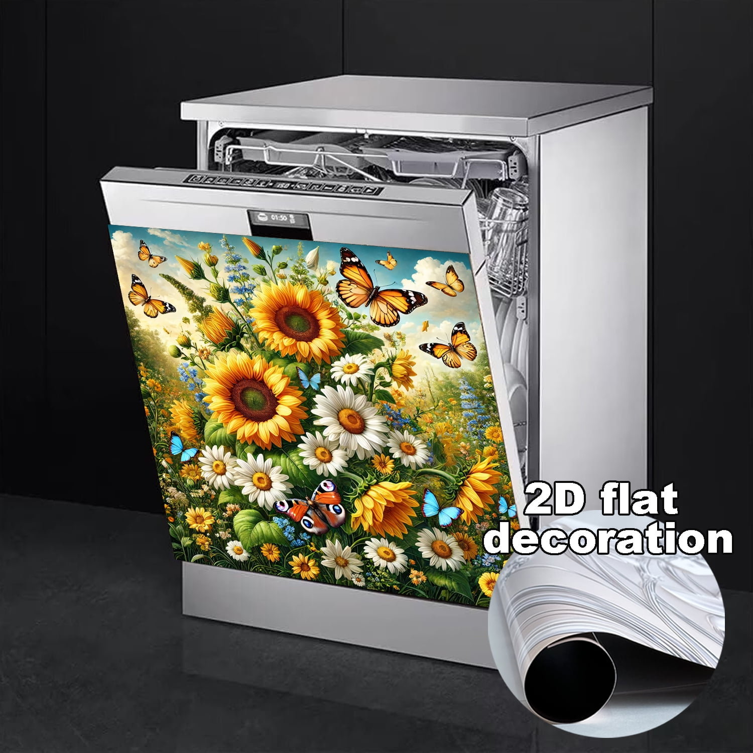 1Pc Dishwasher Magnet Cover, Sunflowers and Butterflies Magnet Sticker Fridge Panel Decal for Home Kitchen Decor, 23x26 in