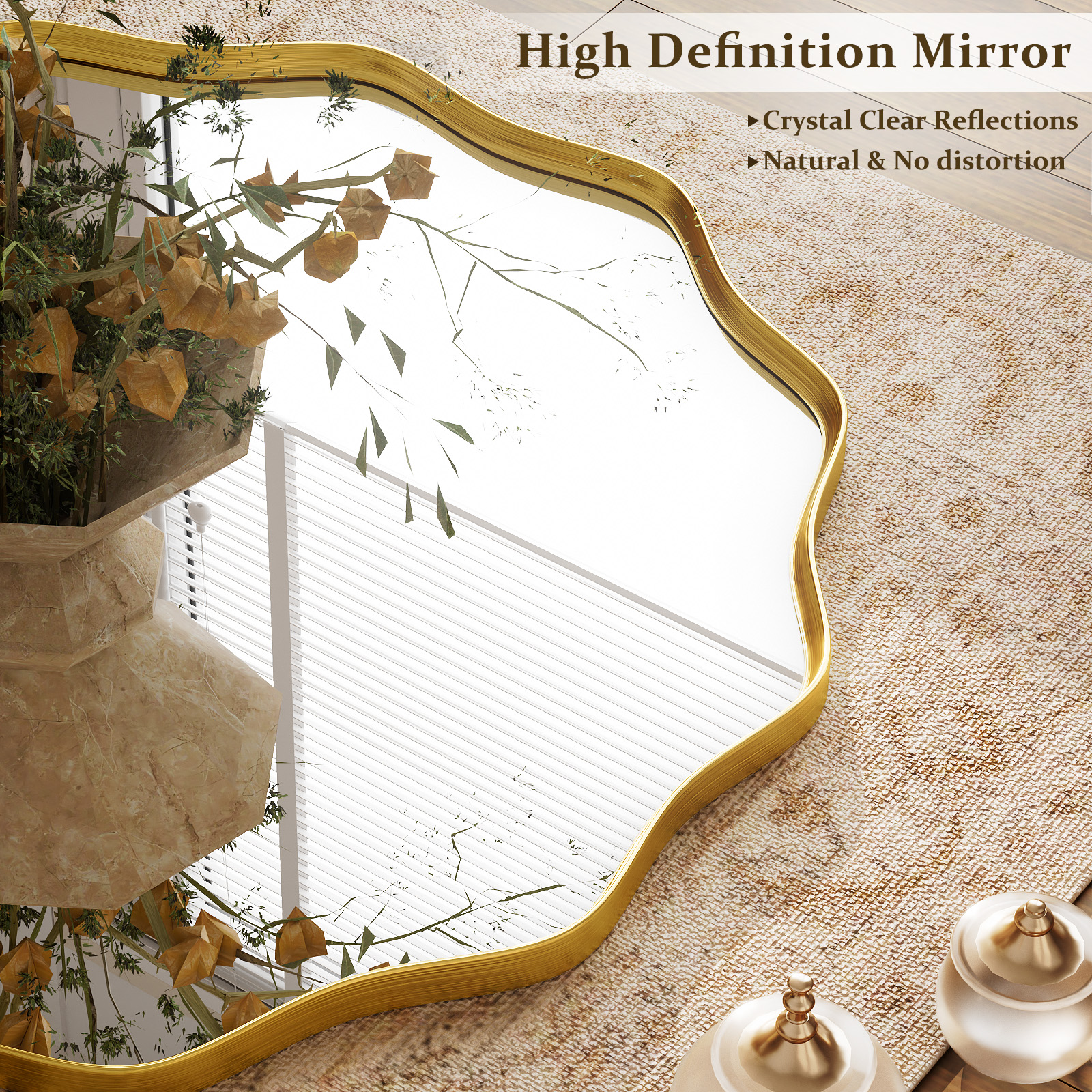 BEAUTYPEAK 24 in Wavy Round Bathroom Mirror, Gold photo 8