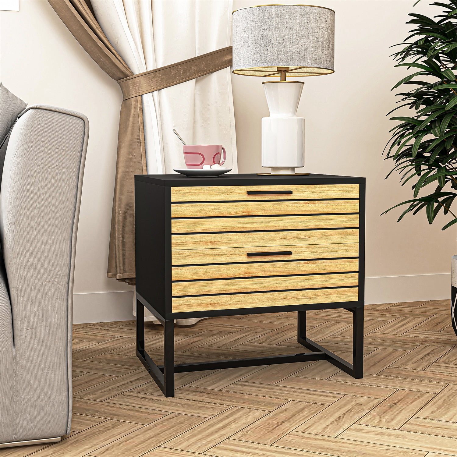 Hommoo 2 Tier Modern Nightstand, Wooden Bedside Table with Metal Leg, Night Stand Storage Cabinet, Black