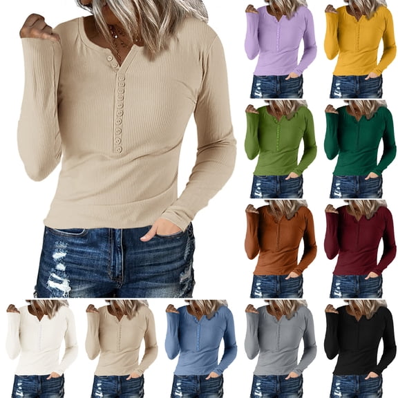 Women's Long Sleeve Button Down Shirt Knit Crew Neck Casual Basic Top