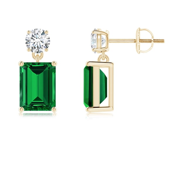 ANGARA Lab Grown 3 Ct Emerald-Cut Emerald Drop Earrings with Lab Diamond for Women in 14K Yellow Gold (Size-8x6mm) | May Birthstone, Anniversary, Jewelry Gift for Women | Lab-Grown Emerald Earrings