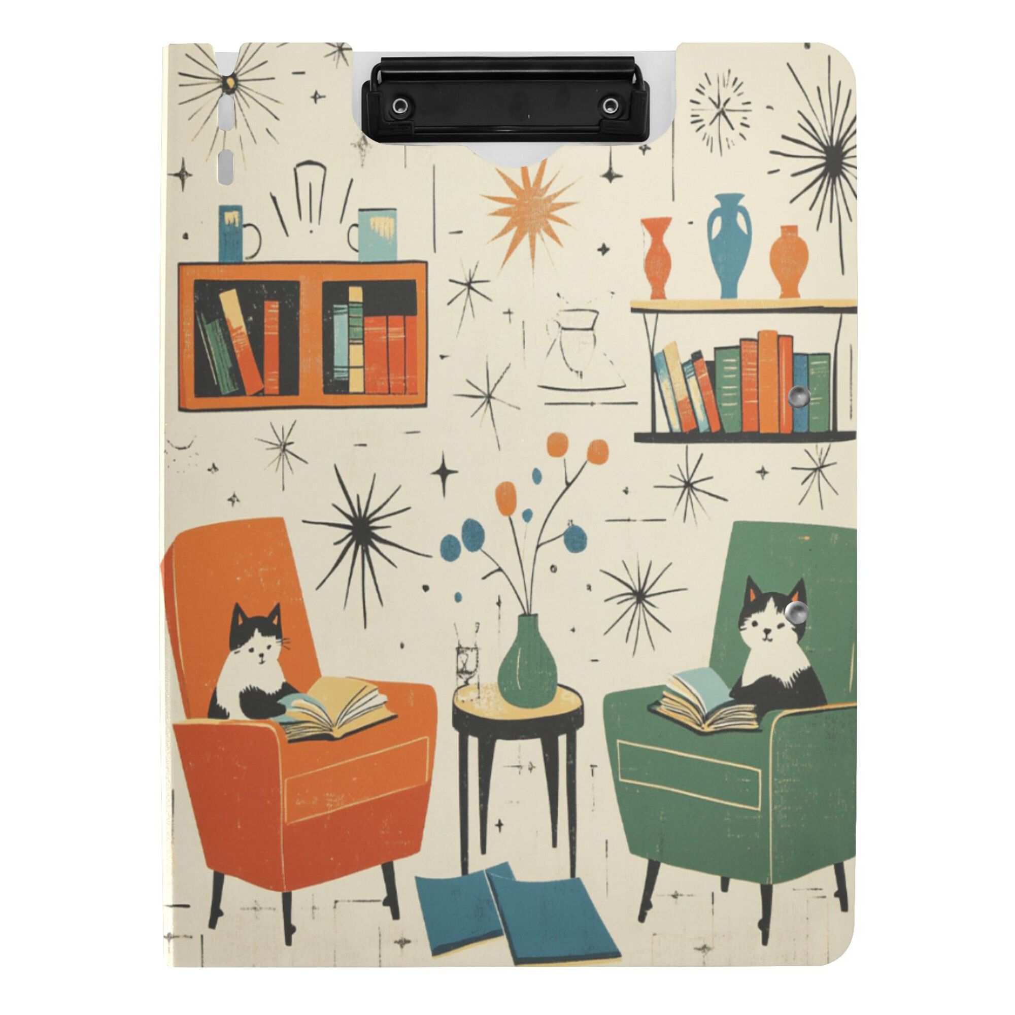 FORMRS A4 Clipboard Folder with Pen Holder Horizontal Foldable School Office Binder, Beige Cats Reading