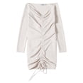 thumbnail image 4 of MaFYtyTPR Women's Mini Dress Fashion Off-the-Shoulder Long Sleeve Ruched Drawstring Slim Solid Color Dresses Beige S, 4 of 5