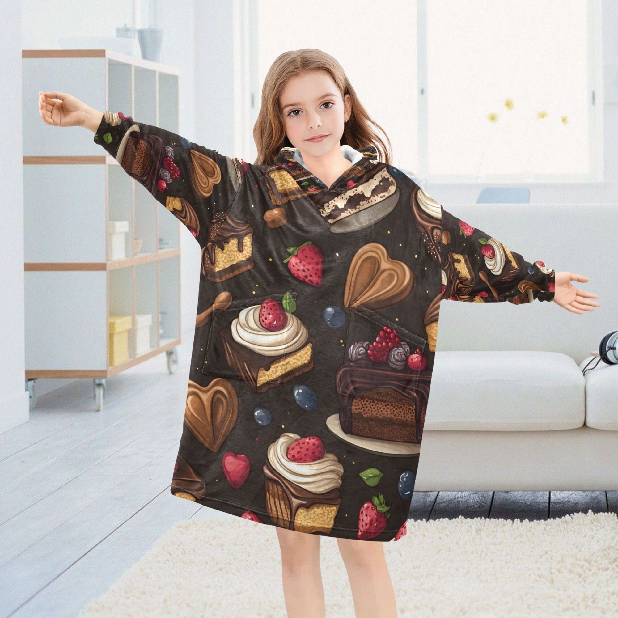 FORMRS Wearable Blanket Hoodie with Sleeves for Kids Cozy Flannel Sweatshirt, Chocolate Cakes