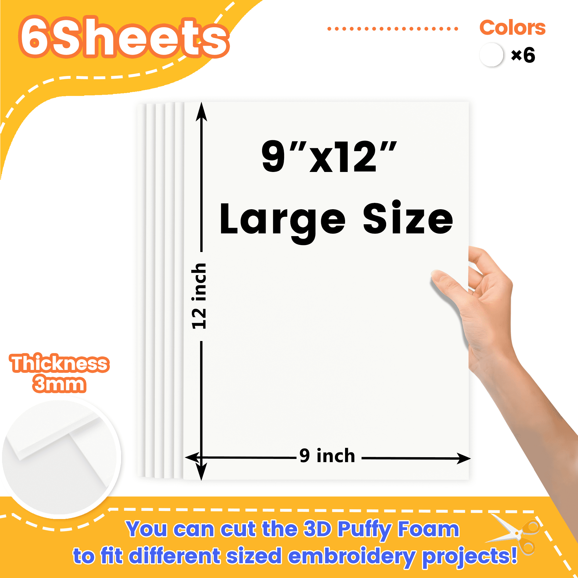 New brothread - 6 white | 6-Pack Embroidery Puff Foam Sheets 9"x12" | 3MM Thick for 3D Raised Embroidery on Hats, Apparel, Jackets, Bags & Accessories | Assorted Colors