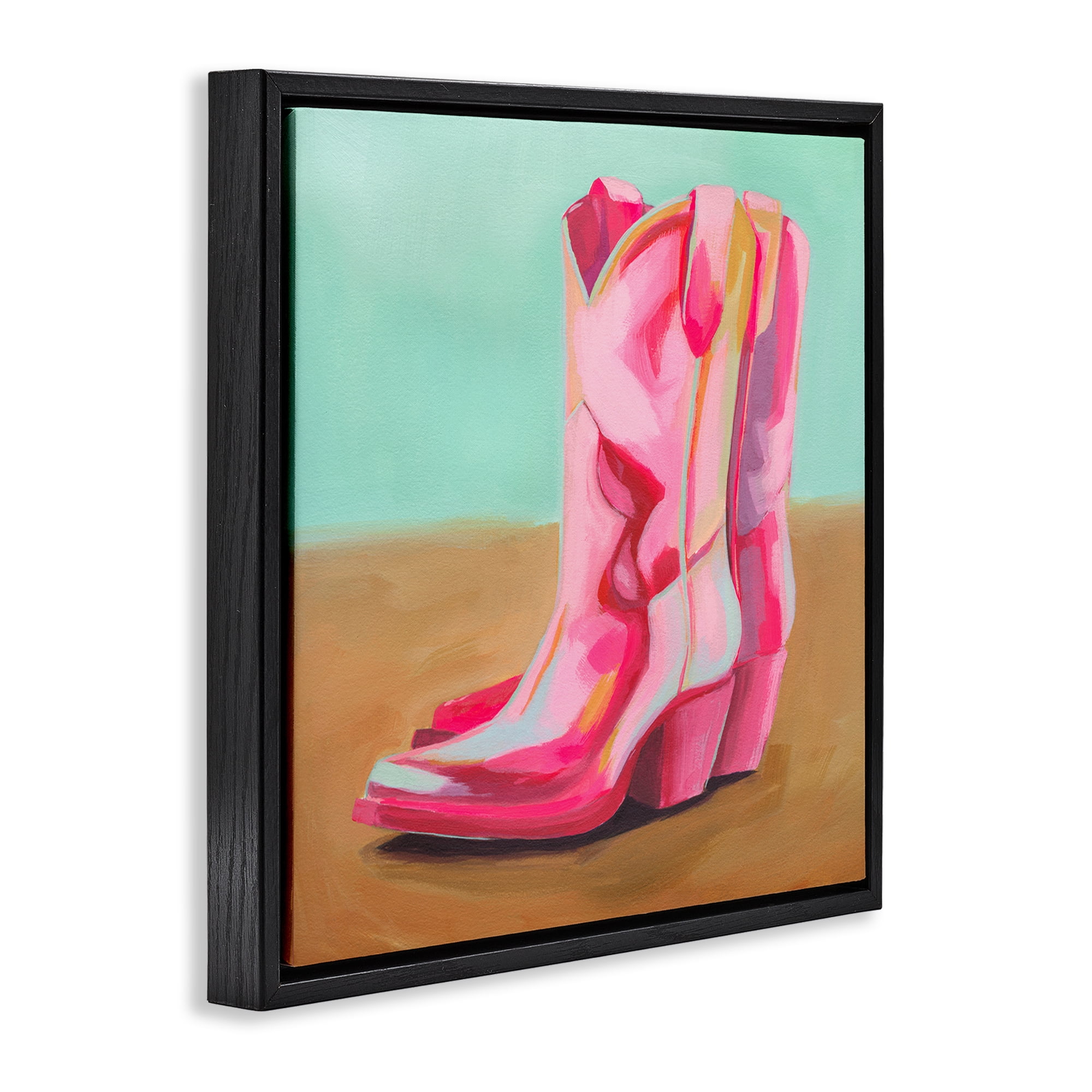 Stupell Industries Pink Heeled Cowgirl Boots Entertainment Painting Black Floater Framed Canvas Art Print Wall Art, 25 x 25