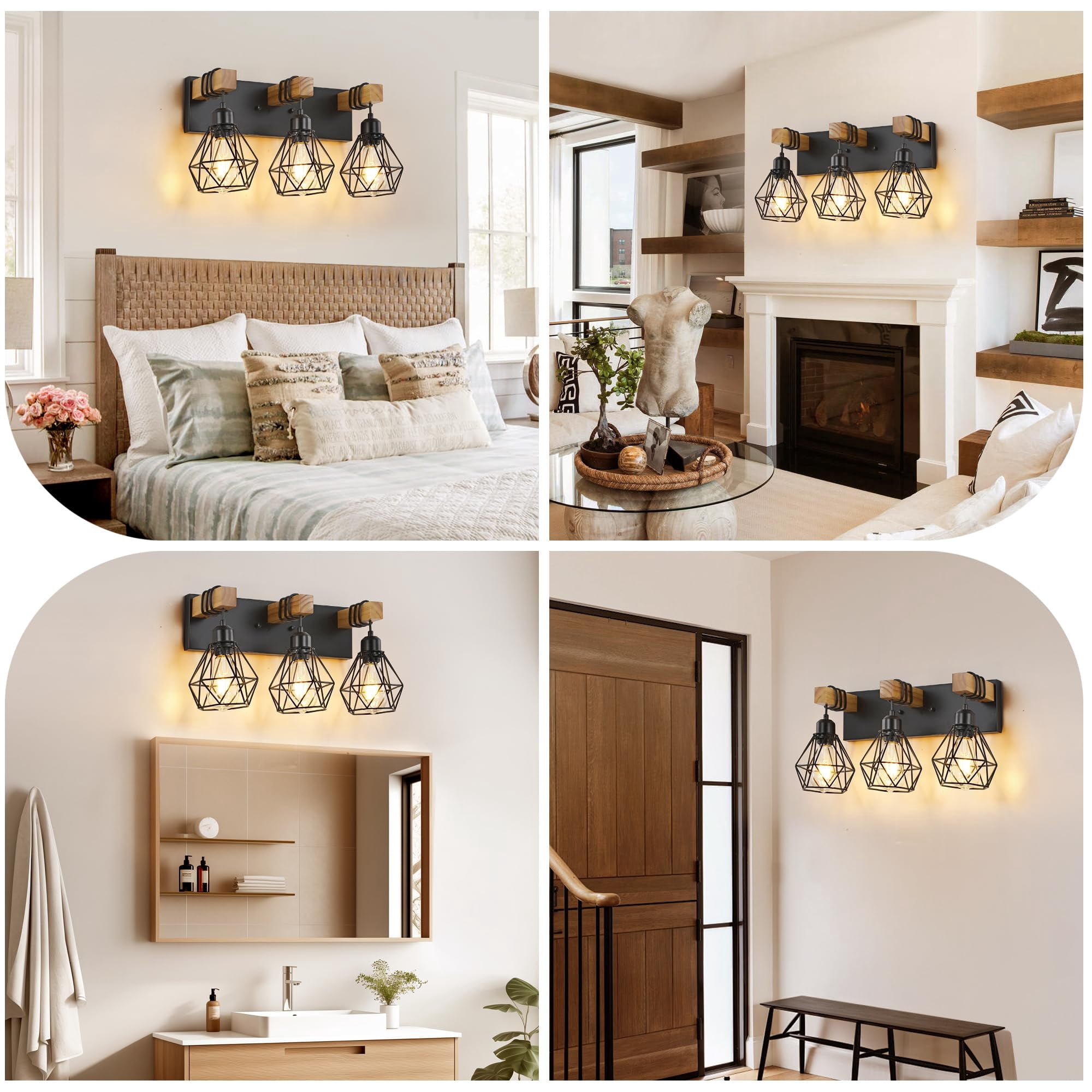 Black 3-Light Vanity Light Wood Metal Wall Fixture For Bathroom Bedroom Living Room Hallway