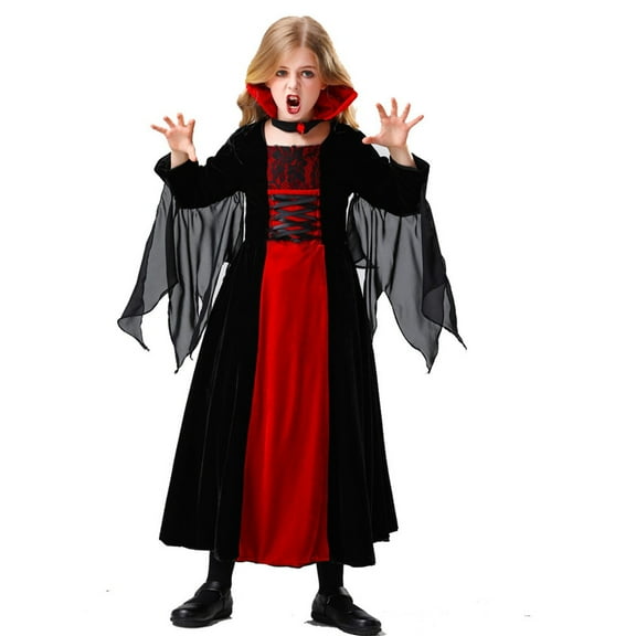 XQYLOS Little Girls 𝖭oble 𝖬edieval 𝖱oyal Gothic 𝖵ampire Qu𝖾en Halloween Dress Fancy Dress Up with Choker