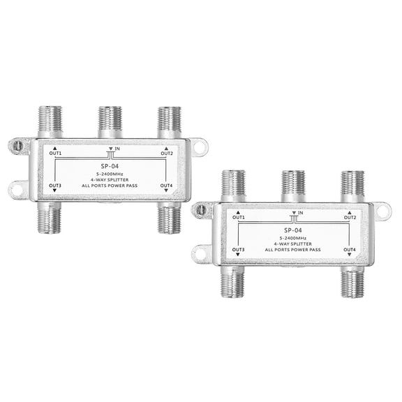 Uxcell 2Pcs 4 Vías Divisor de Cable Coaxial, Conector Tipo F de 5-2400 MHz, Distribuidor de Señal de Baja Pérdida para TV, Antena de Satélite, Módem, Teatro en Casa, HDTV CATV, Tono Plateado