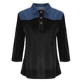thumbnail image 3 of 3/4 Length Sleeve Womens Tops Velvet Denim Patchwork Lapel Collar Button Down T Shirts Womens Casual Plus Size Loose Fits Comfy Velour Three Quarter Sleeve Shirt, 3 of 7