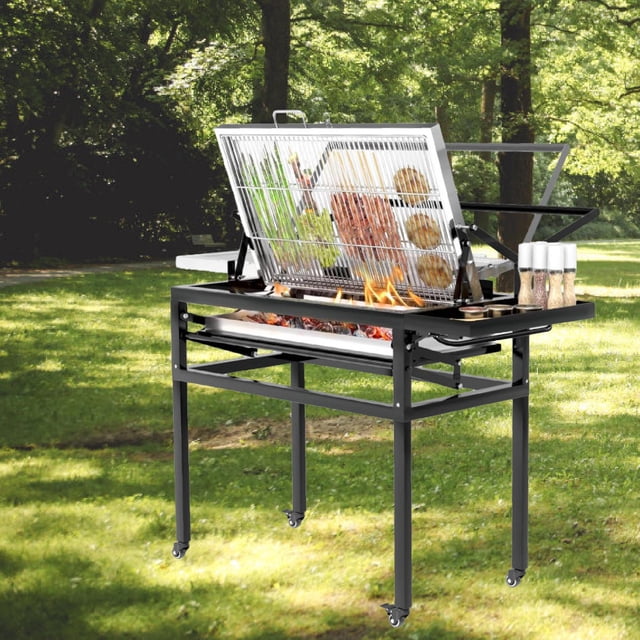 Parrilla de carbón de barbacoa con la rejilla de cocción de carrito parrilla, accesorios desmontables, barbacoa, manija de viaje para viajes al aire