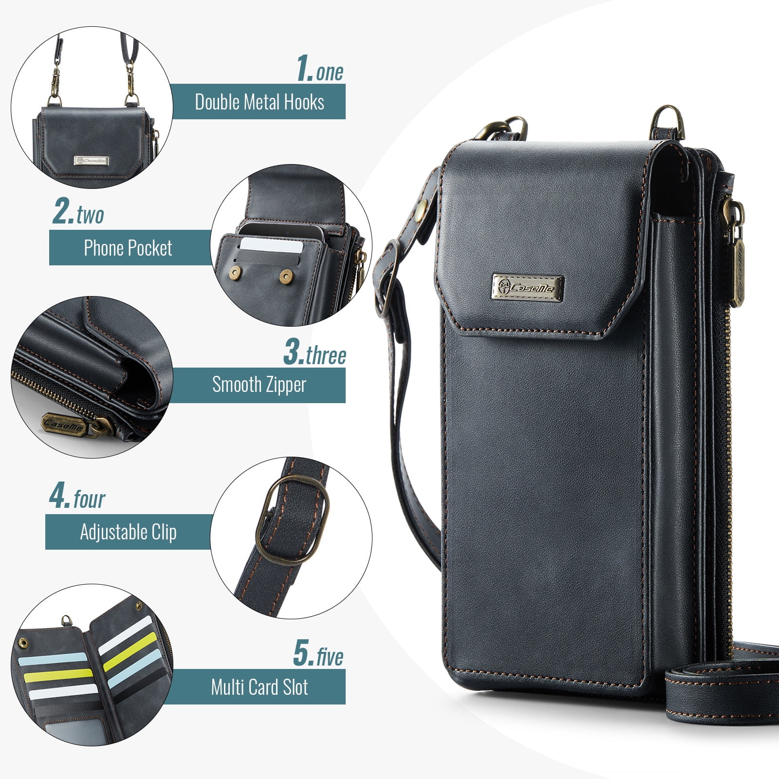 Crossbody Cell Phone Purse Bag for Women Men, Small Leather Wallet with 10 Card Slots,Zipper Pocket & Adjustable Strap Shoulder Bag Clutch with Magnetic Closure Fits Most Smartphones Under 7.3",Black