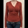 thumbnail image 4 of Suéteres de Mujer, Camisetas de Punto Acanalado con Cuello en V y Larga, Blusas Casuales con Botones, Tendencia de Otoño 2025. Rojo Óxido L, 4 of 7