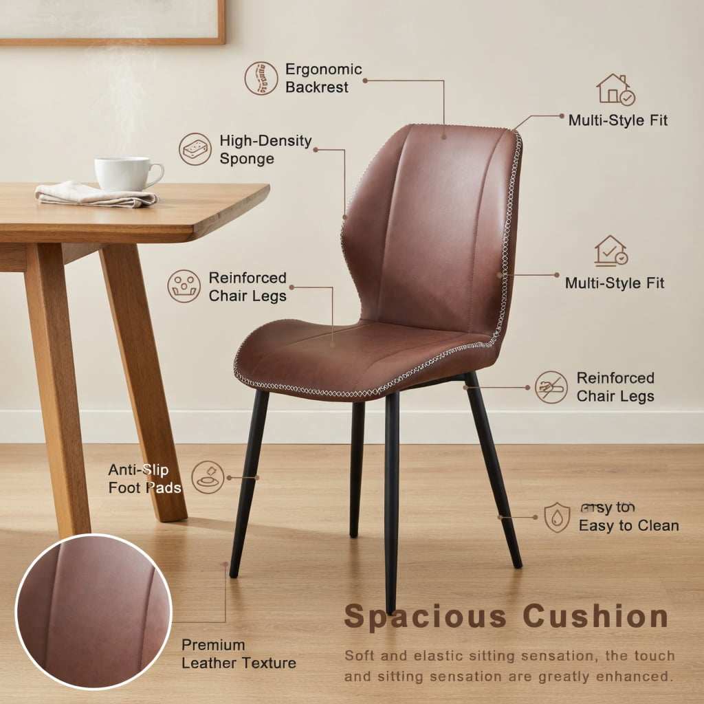 Hommoo 4-Pack PU Leather Dining Chairs with Metal Legs, Ergonomic, Adjustable Feet, Stain-Resistant for Dining Room, Office & Living Space, Reddish-Brown