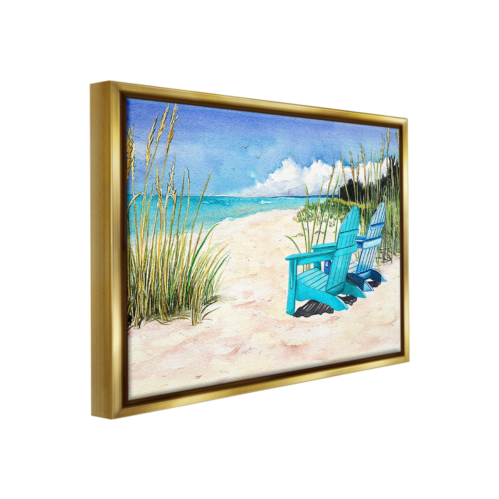 Stupell Industries Blue Beach Chairs Scene Landscape Painting Gold Floater Framed Canvas Art Print Wall Art, 31 x 25