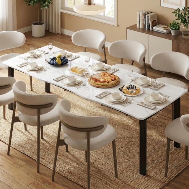 Dining Table for 6-8 People, Rustic Wave Irregular Edge Table with Thick MDF Top & Metal Frame, Waterproof Scratch-Resistant, Versatile for Dining/Work/Study, Marble