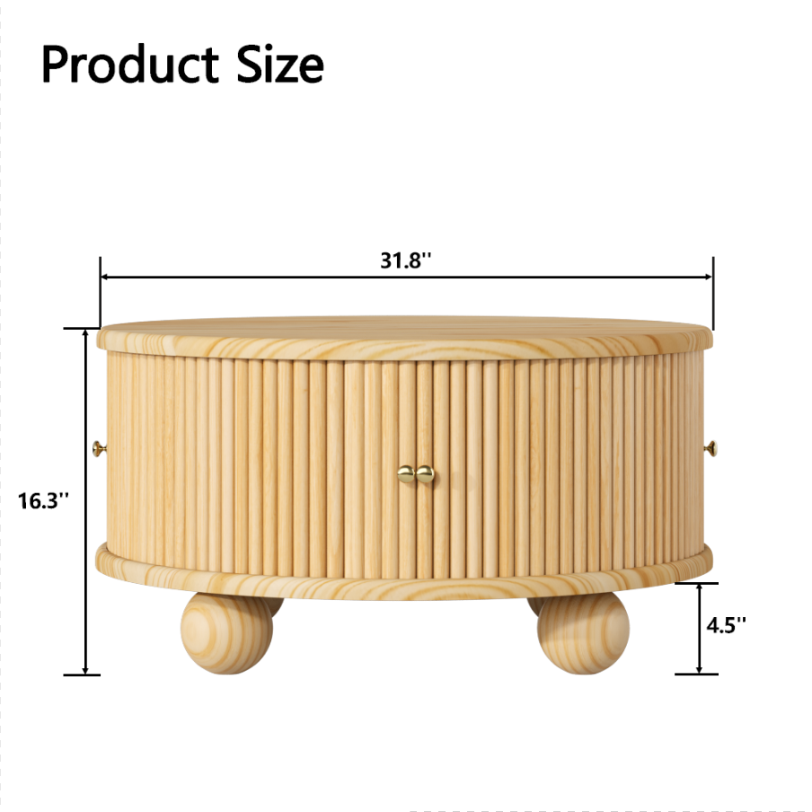Euroco Round Fluted Coffee Table with Storage, Sliding Door, Natural, 31.8"