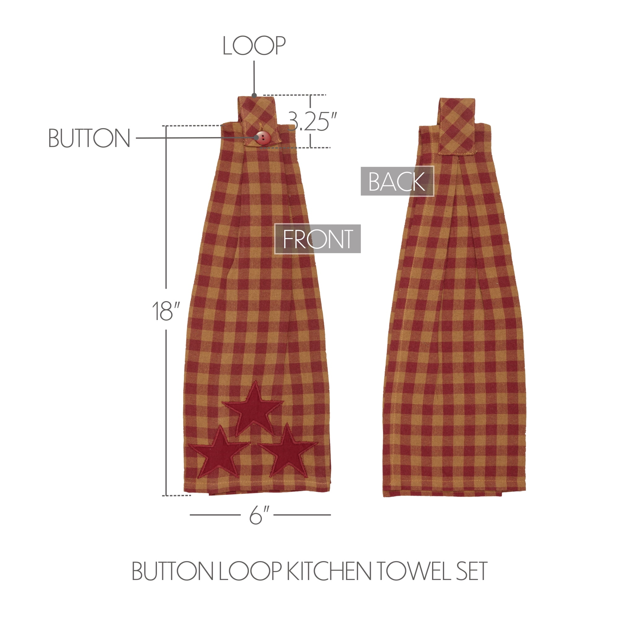 VHC Brands Star Cotton Primitive Tabletop Fabric Loop Appliqued Kitchen Towel, King, Burgundy Red
