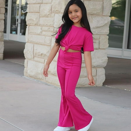 

Lilgiuy Children s Fashion Style Girls New Casual Solid Color Long Trousers Short Sleeve Suit for Cool Girl