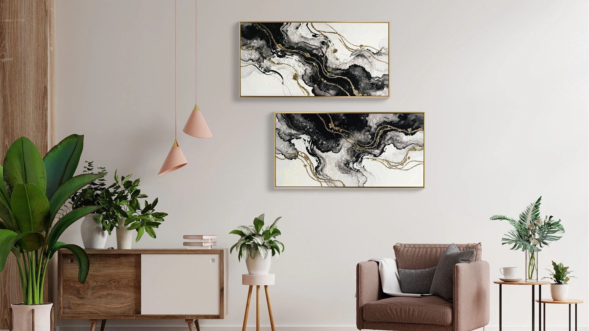 Euroco Modern Minimalist Abstract Wall Art Set of 2, Large Framed Canvas Prints Paintings Wall Decor, Black Gold Pictures for Hallway Office,20x40In