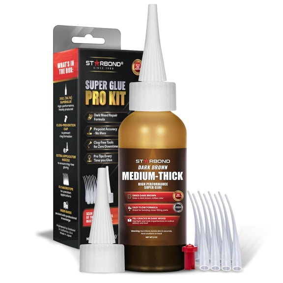 Starbond 2 oz. Dark Brown Super Glue Pro Kit - Medium-Thick Knot Filler CA Glue for Woodworking, Carpentry, Guitar Repair, Furniture Restoration