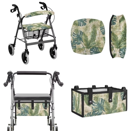 TSOVTHRID Vintage Tropical Palm Leaf Pattern 3 Piece Walker Accessories Set, Elastic Rollator Walker Seat and Backrest Covers with Under Seat Storage Bag Set of 3