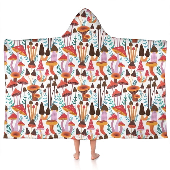 Colorful Mushroom Plant White Pattern Hooded Bath Towel，50"x30" for Ages 3 To 12 Kids, Quick Dry Lightweight Soft Microfiber Hood Beach Towel Cover Up for Kids