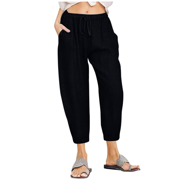 Timegard Womens Capri Pants Elastic Waisted Cinch Bottom Solid Color Casual Crop Trousers with Pockets