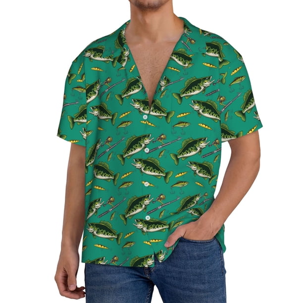 Balery Bass Fish Camisa Casual de Manga Corta con Botones para Hombre, Texturizada, Estilo Cubano, para Playa, Verano-Small